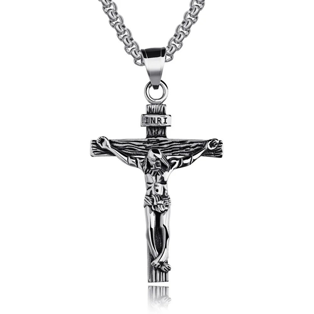 Men Stainless Steel Jesus Christ Crucifix Cross Pendant Chain Necklace