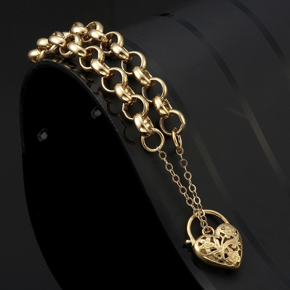 18K GL Solid Thick Chunky Belcher Gold Bracelet with Filigree Heart Padlock