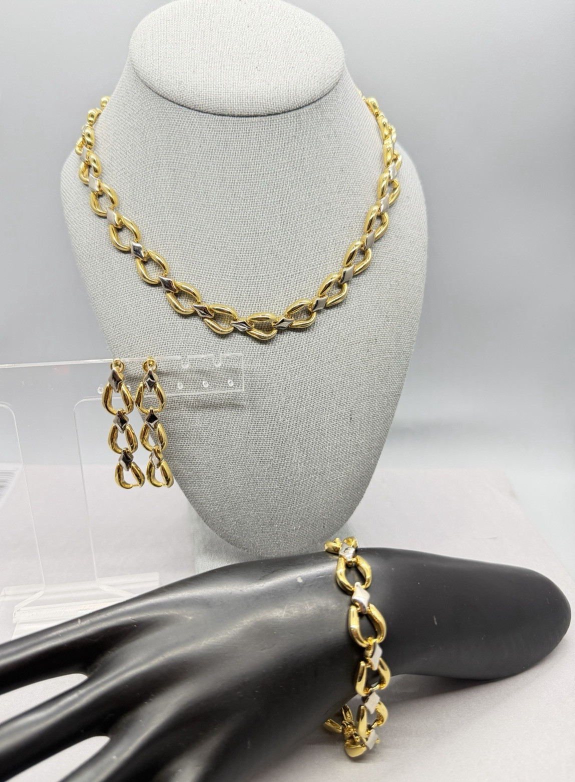 Mixed Metal Gold Silver Tone Dimensional Open Link Necklace Bracelet Earring Set