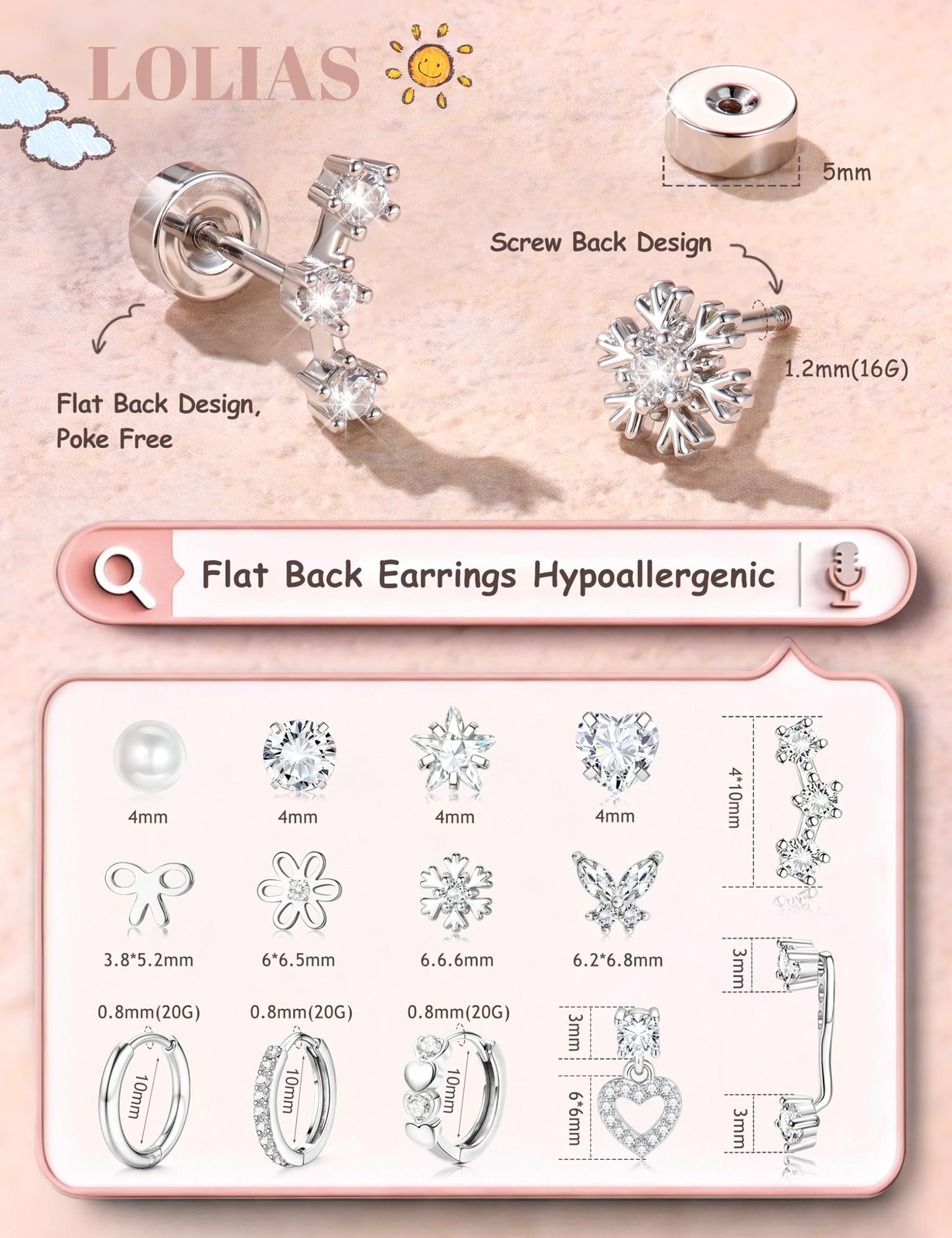 LOLIAS Hypoallergenic Flat Back Earrings for 10 millimeters, Silver+White CZ
