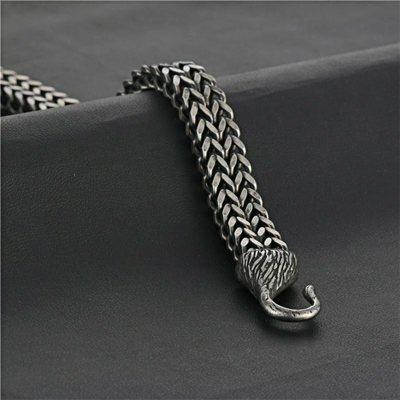 MENDEL 8 Inch Mens Black Stainless Steel Viking Fenrir Wolf Head Bracelet Men