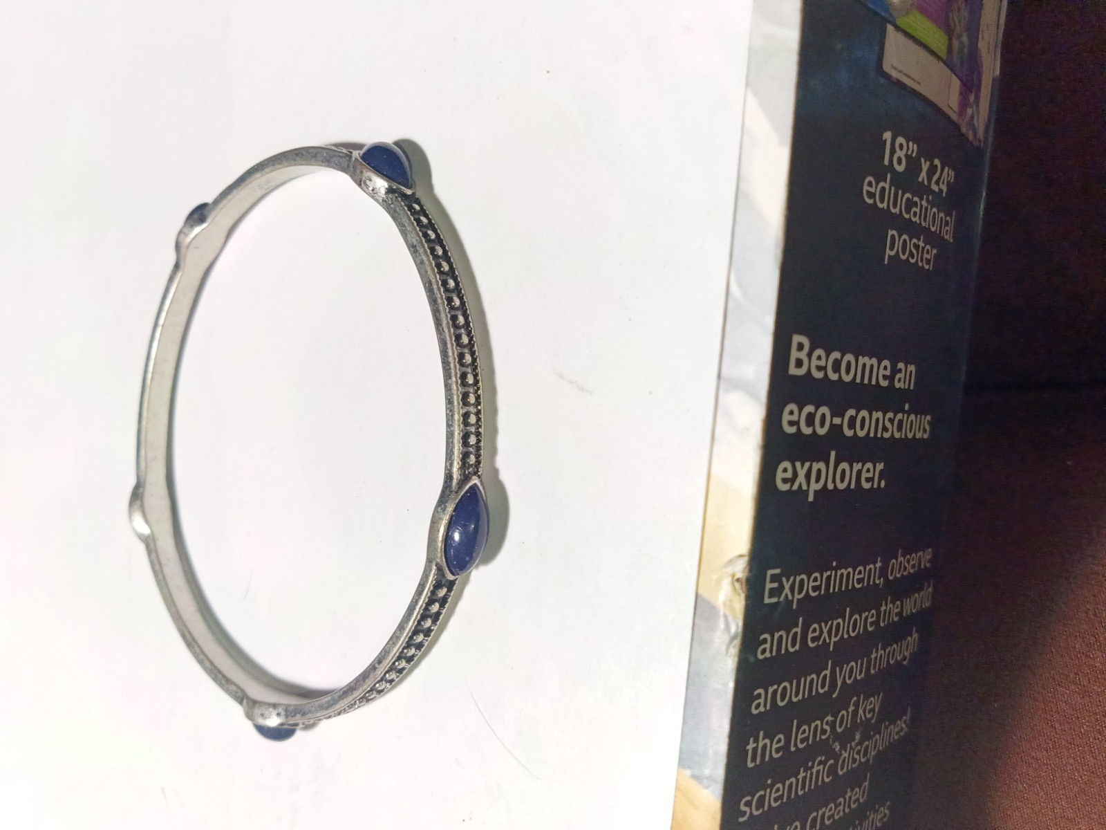 Silver Tone Metal Bangle Bracelet Blue Oval Cabochon Stones Bezel Set