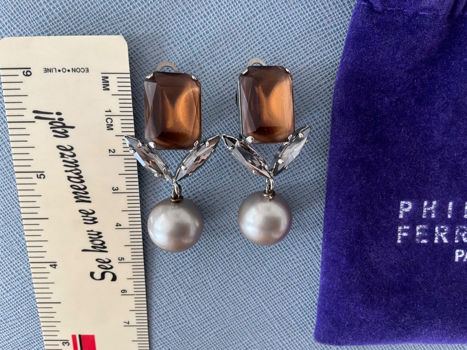 Philippe Ferrandis Paris Silver Crystal Pearl Drop Earrings Clips
