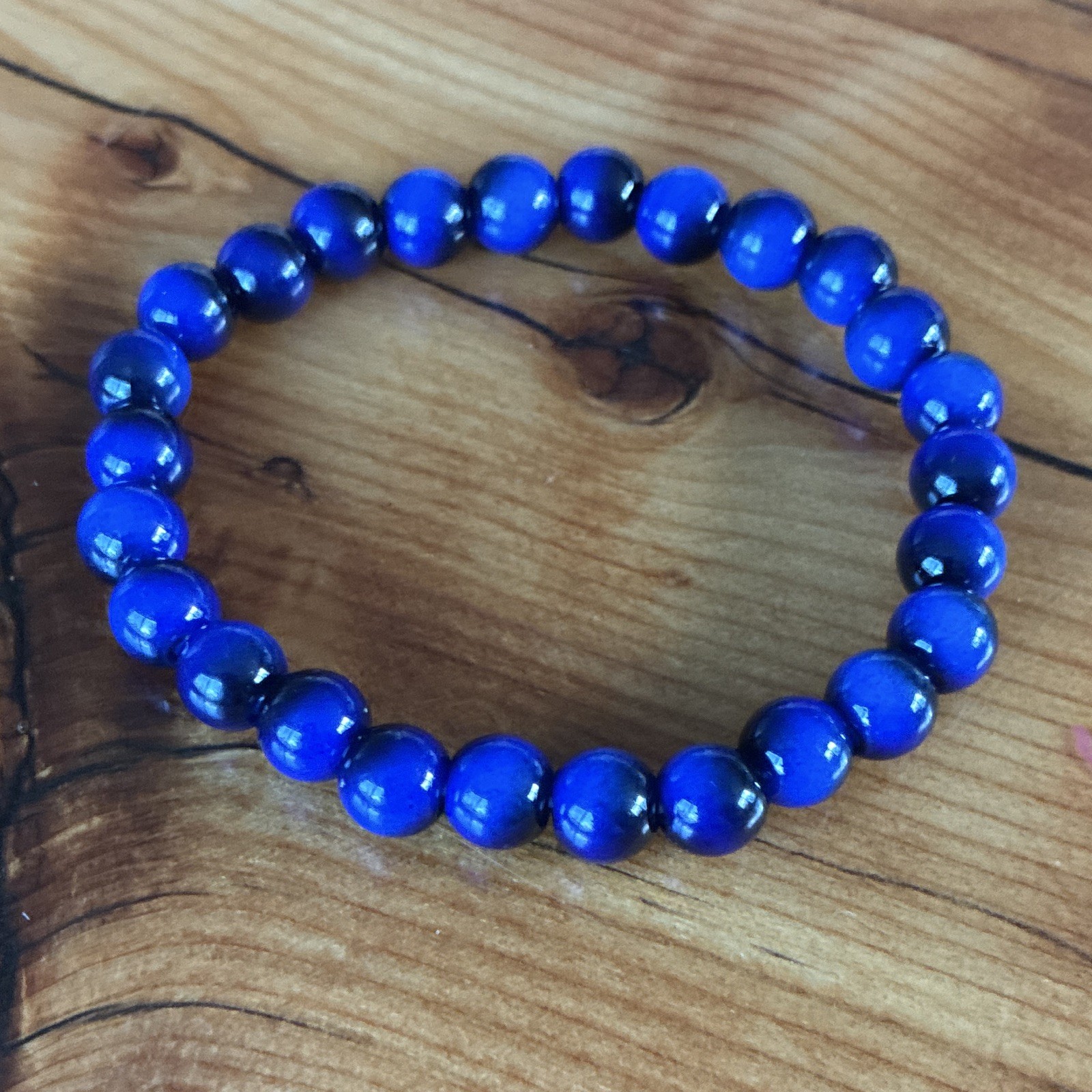Blue Round Stone Beaded Stretch Bracelet, Elastic Closure Ball/Bead Chain