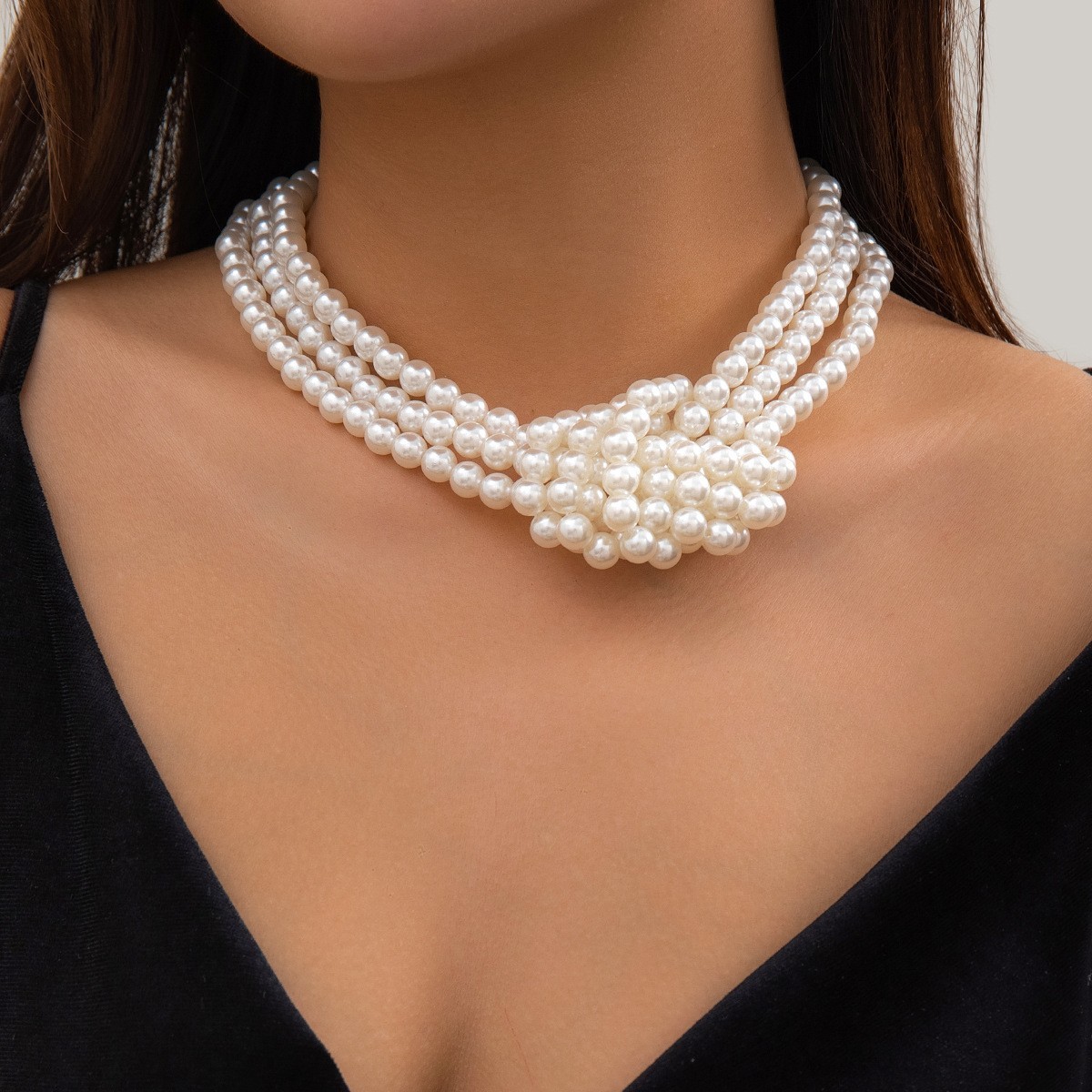 Multi Layer Faux Pearl Twisted Knot Choker Necklace Statement Bridal Elegant