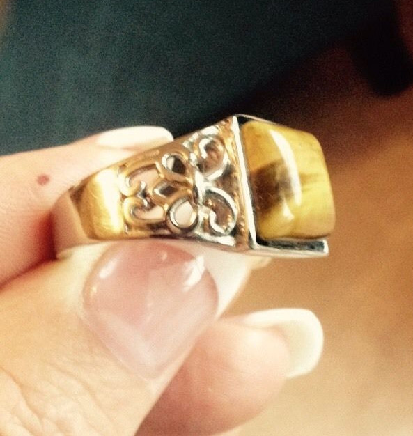 7 CT AFRICAN TIGER’S EYE MEN’S OR LADIES RING SET IN STAINLESS STEEL, SZ 11