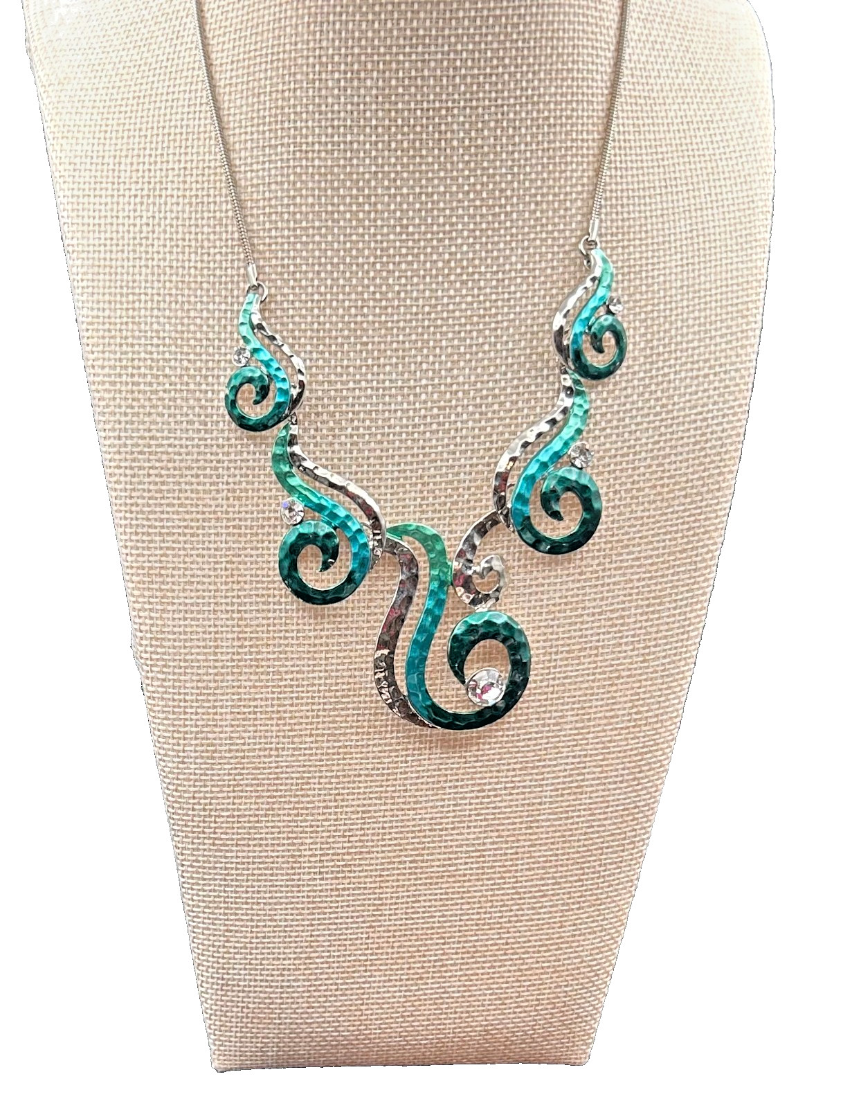 Silver Tone Statement Bib Necklace Teal Aqua Swirl Hammered Metal Rhinestone 18″