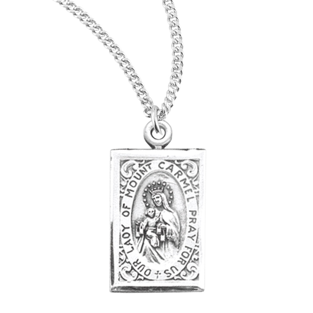 Our Lady of Mount Carmel Sterling Silver Scapular Medal Necklace, 18″Chain Boxed
