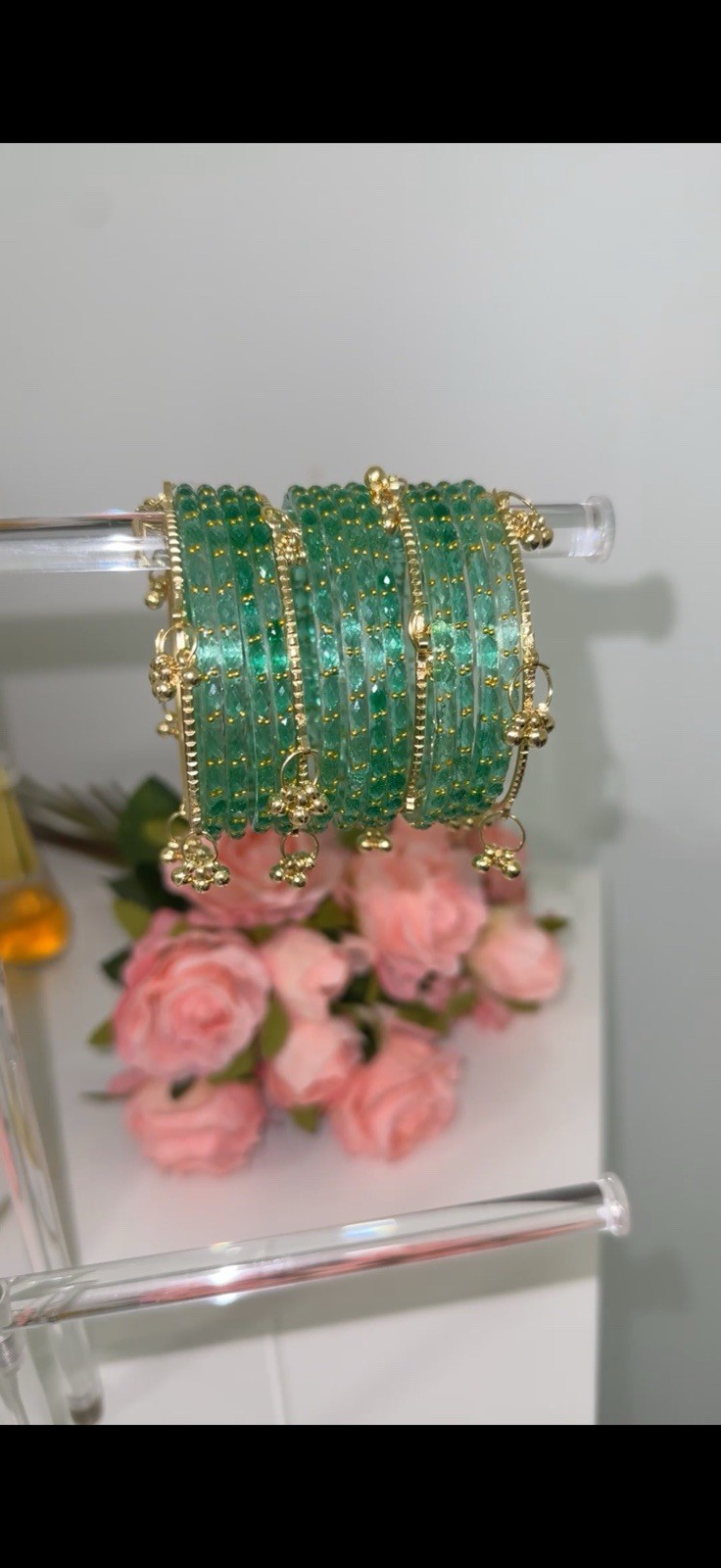 10 Piece Teal Glass Bangles With 4 Piece Gold Kashmiri Bangles Size 2.6