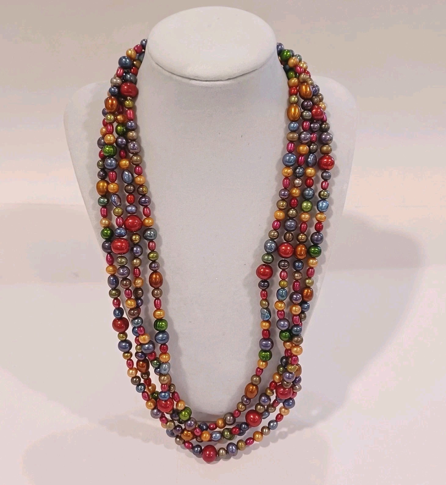 Beautiful Long Multi Colored Pearl Necklace 48″ Continues Strand Bright Colors
