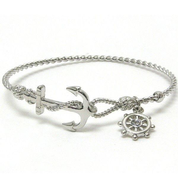 Crystal Boat Helm & Anchor Nautical Wire Band Bangle Bracelet Silver Plated New