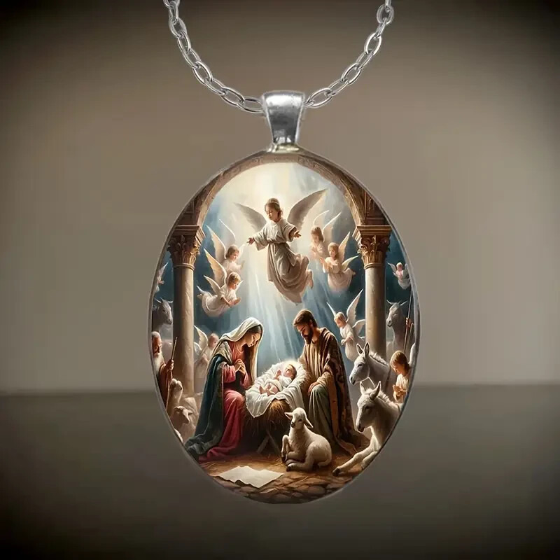 1pc Elegant Nativity Necklace Gift] 1pc Stylish Elegant Nativity Pattern Oval