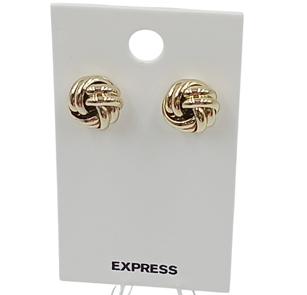 Express Double Knot Stud Pierced Earrings Push Back Spiral Shiny Gold Tone 5/8″