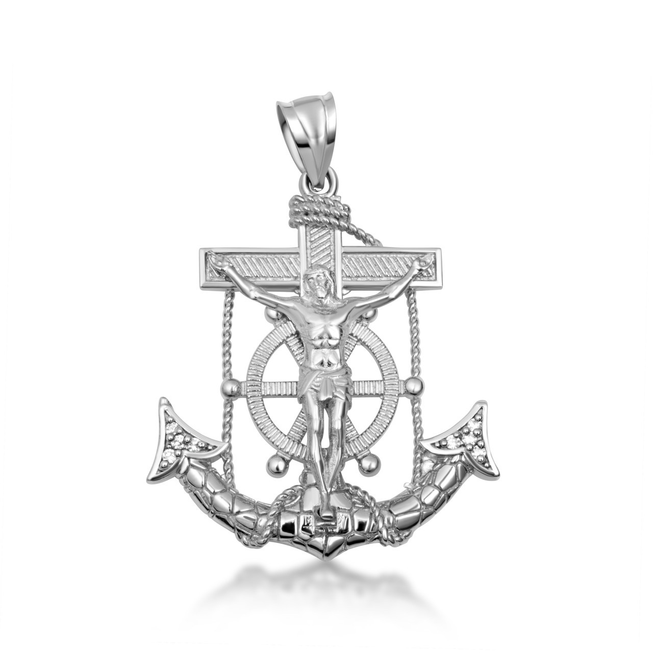 .925 Sterling Silver CZ Nugget Mariner Cross Anchor Jesus Christ Necklace(S/M/L)