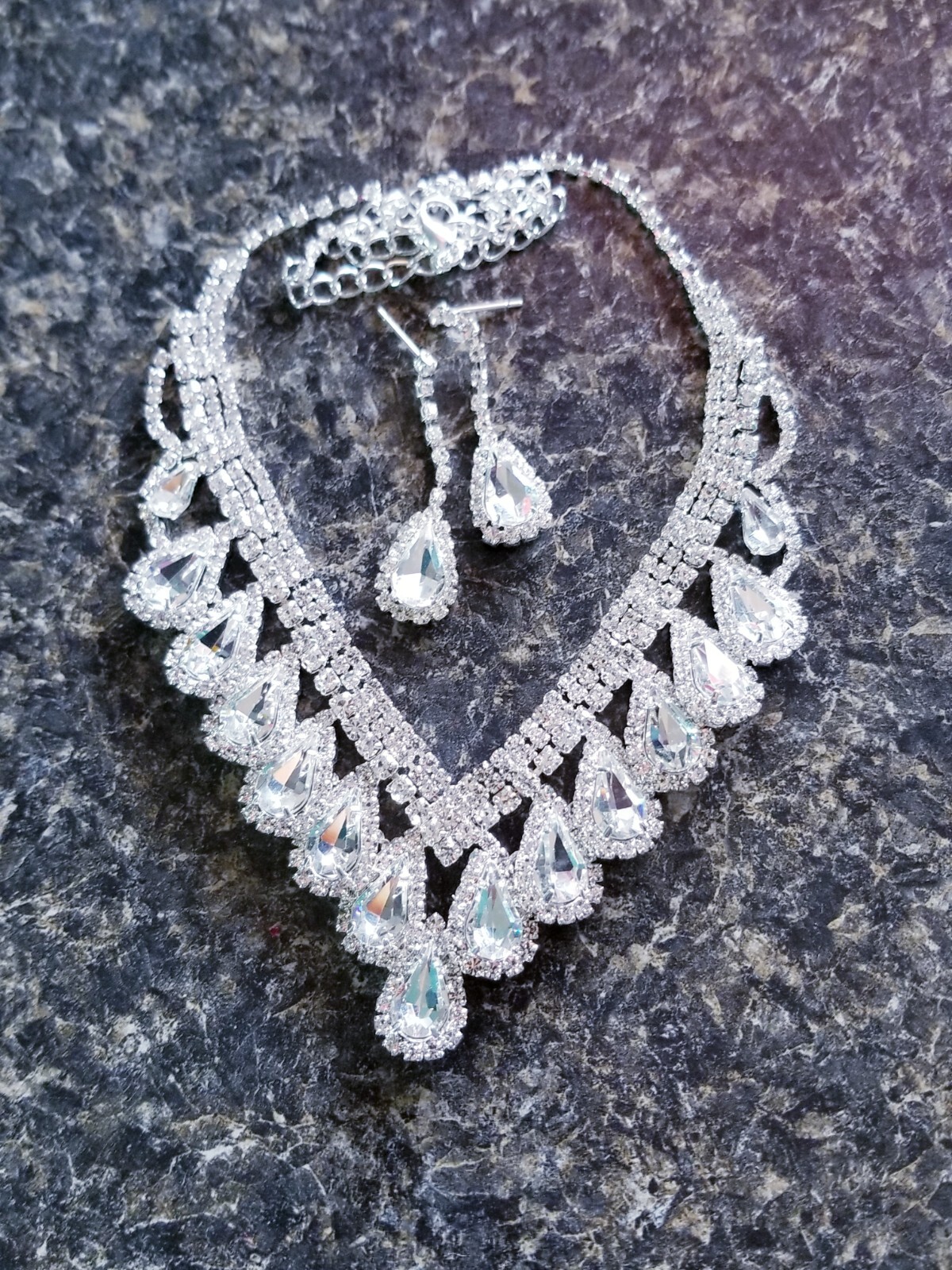 Clear Rhinestone Necklace Earring Set Bridal Prom Pageant Statement Drag Queen