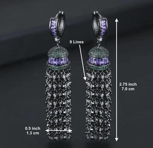 18k Black Rhodium Filled Purple Amethyst Gemstone Long Tassel Earrings Gorgeous