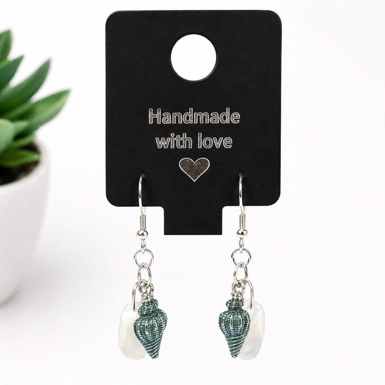 Handmade Coastal Seashell Dangle Earrings Silver Tone Beach Jewelry