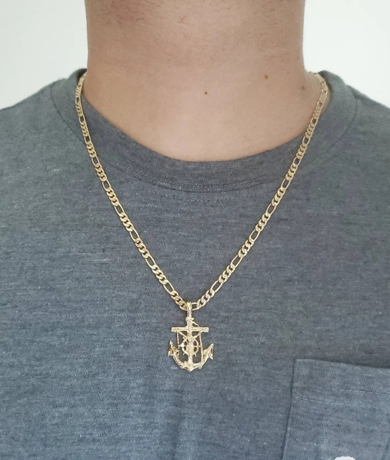 Gold Anchor Crucifix Pendant With 4mm Round Figaro Chain, 14k Heavy Plated Gold