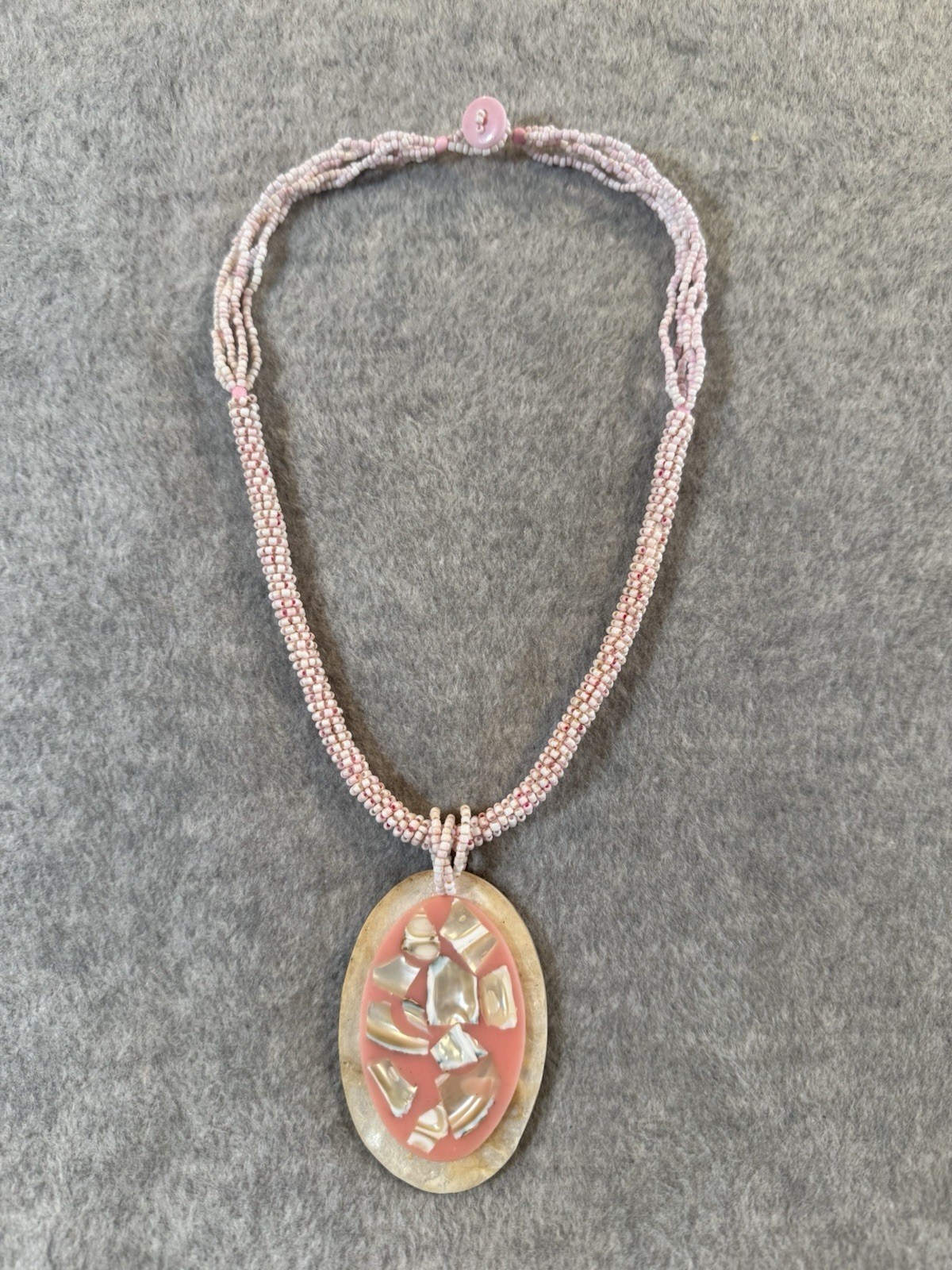 Pink Beaded Necklace Mother of Pearl Oval Pendant Charm with Button Closure 20”