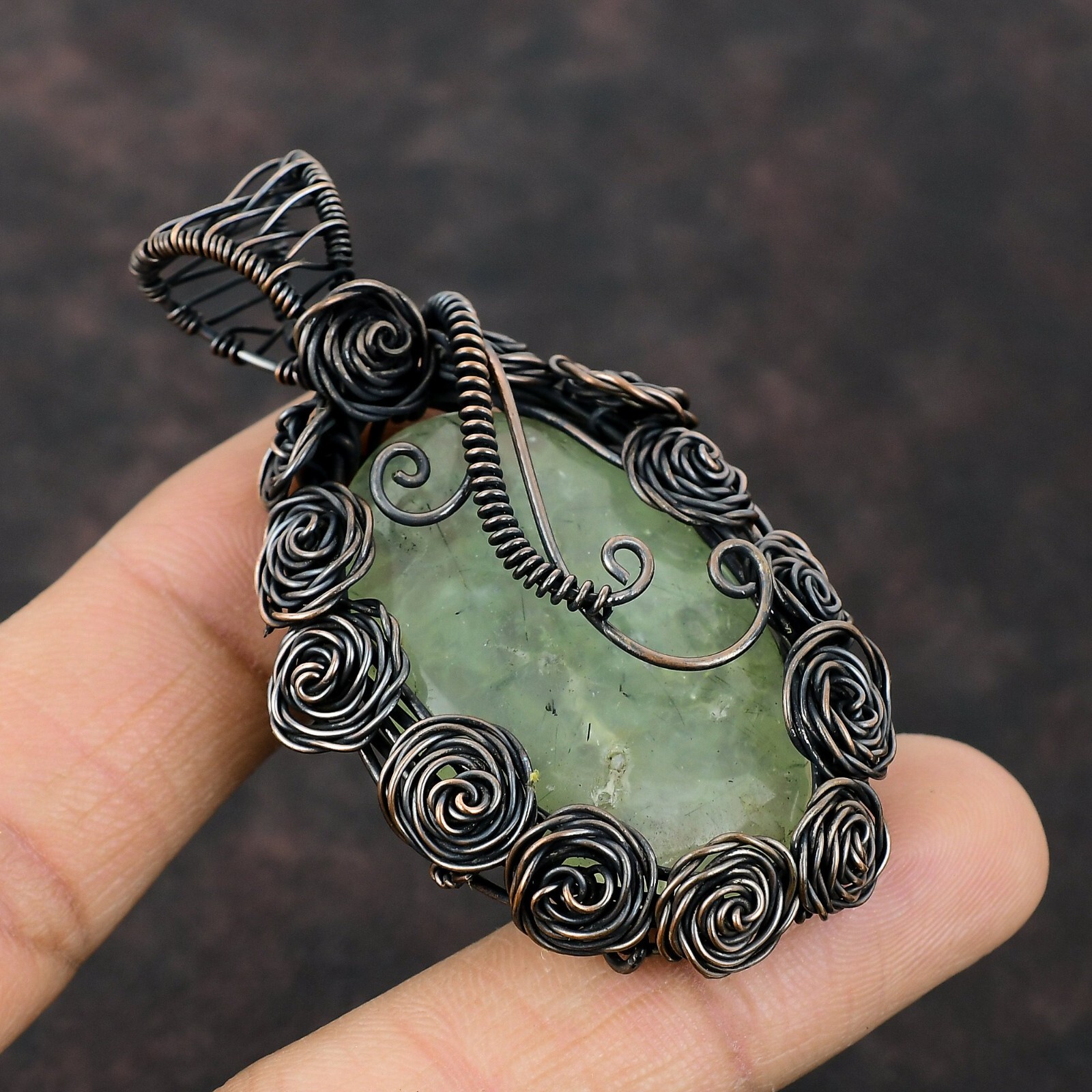 Moss Prehnite Jewelry Copper Gift For Mum Wire Wrapped Flower Pendant 2.76″