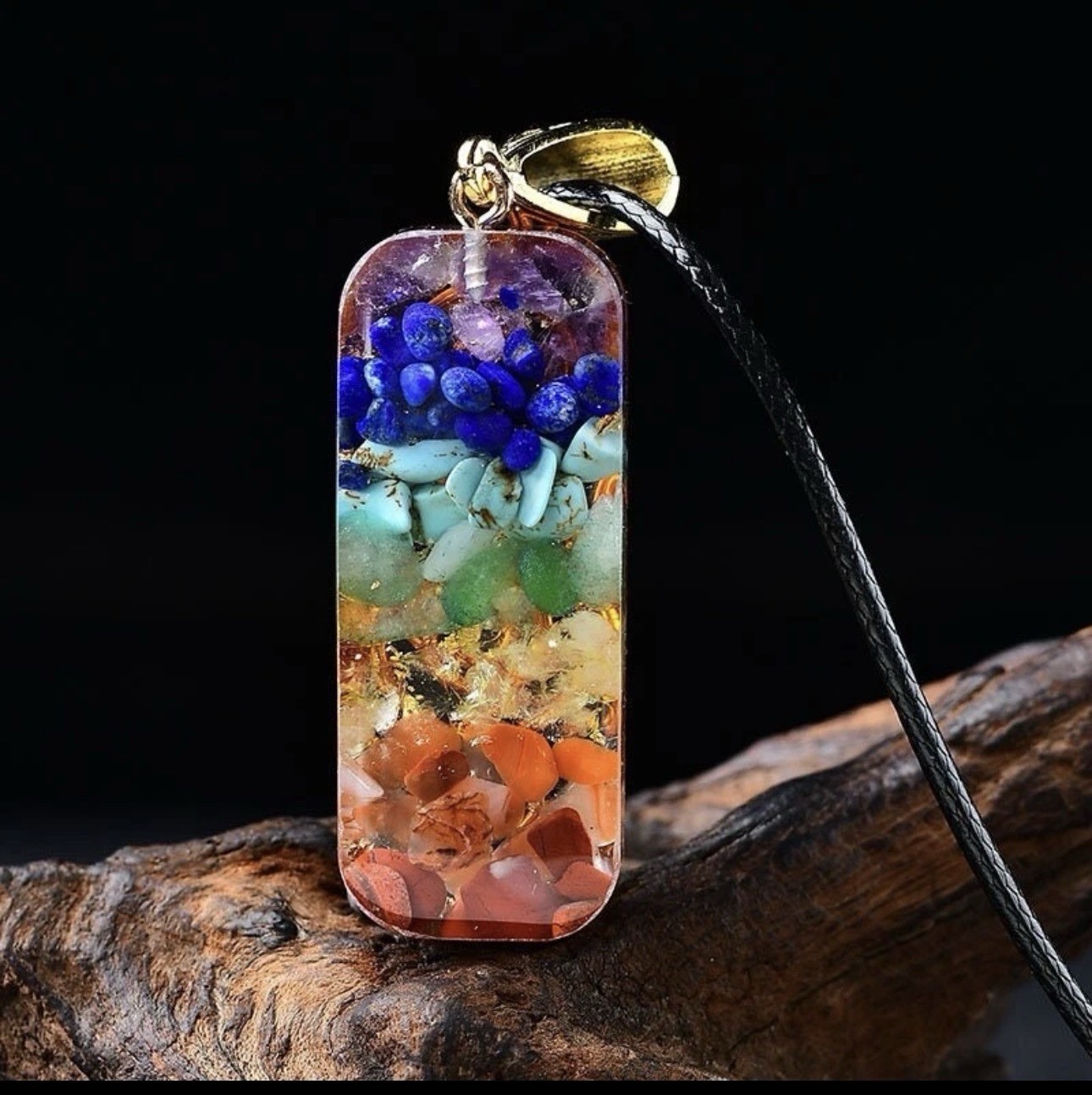 Multicolor Resin Gemstone Rectangle Pendant Charm Necklace on Black Cord