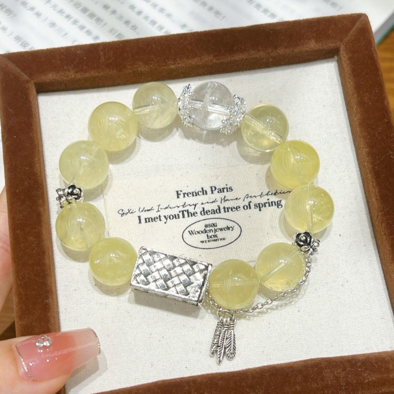 12-13mm Natural Lemon Yellow Crystal and White Crystal Handmade Bracelet