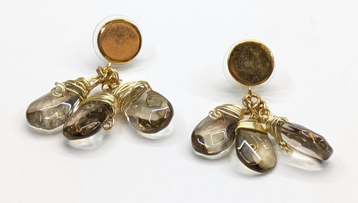 Gold Tone Wire Wrap Dangle Drop Smokey Quartz Pierced Earrings 1 5/8″