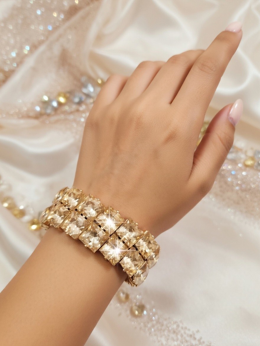 Topaz Gold Rhinestone Stretch Bracelet Statement Drag Pageant Prom Bridal