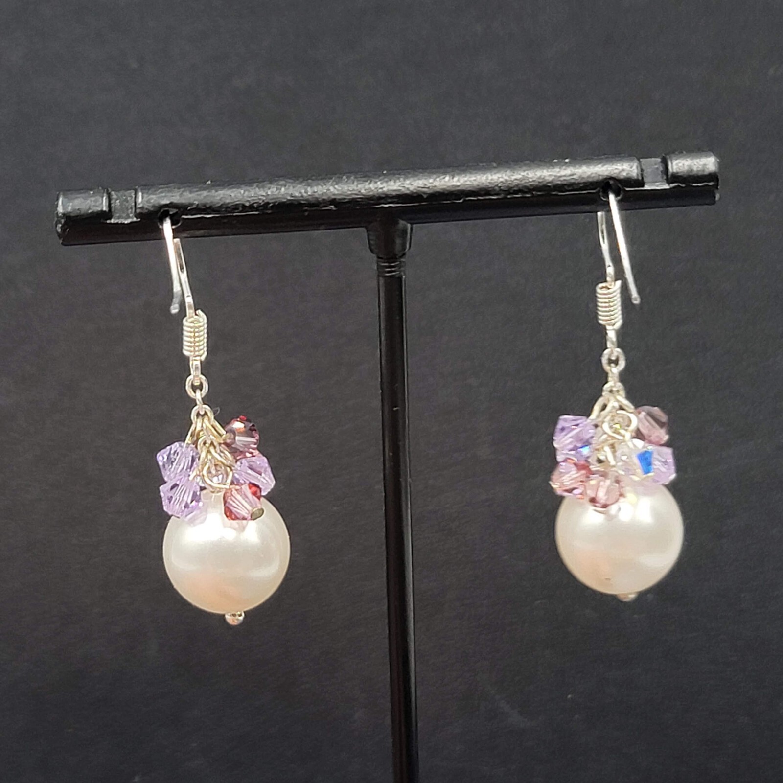 Pierced Earrings Purple Crystal Faux Pearl Beaded Dangle 1″