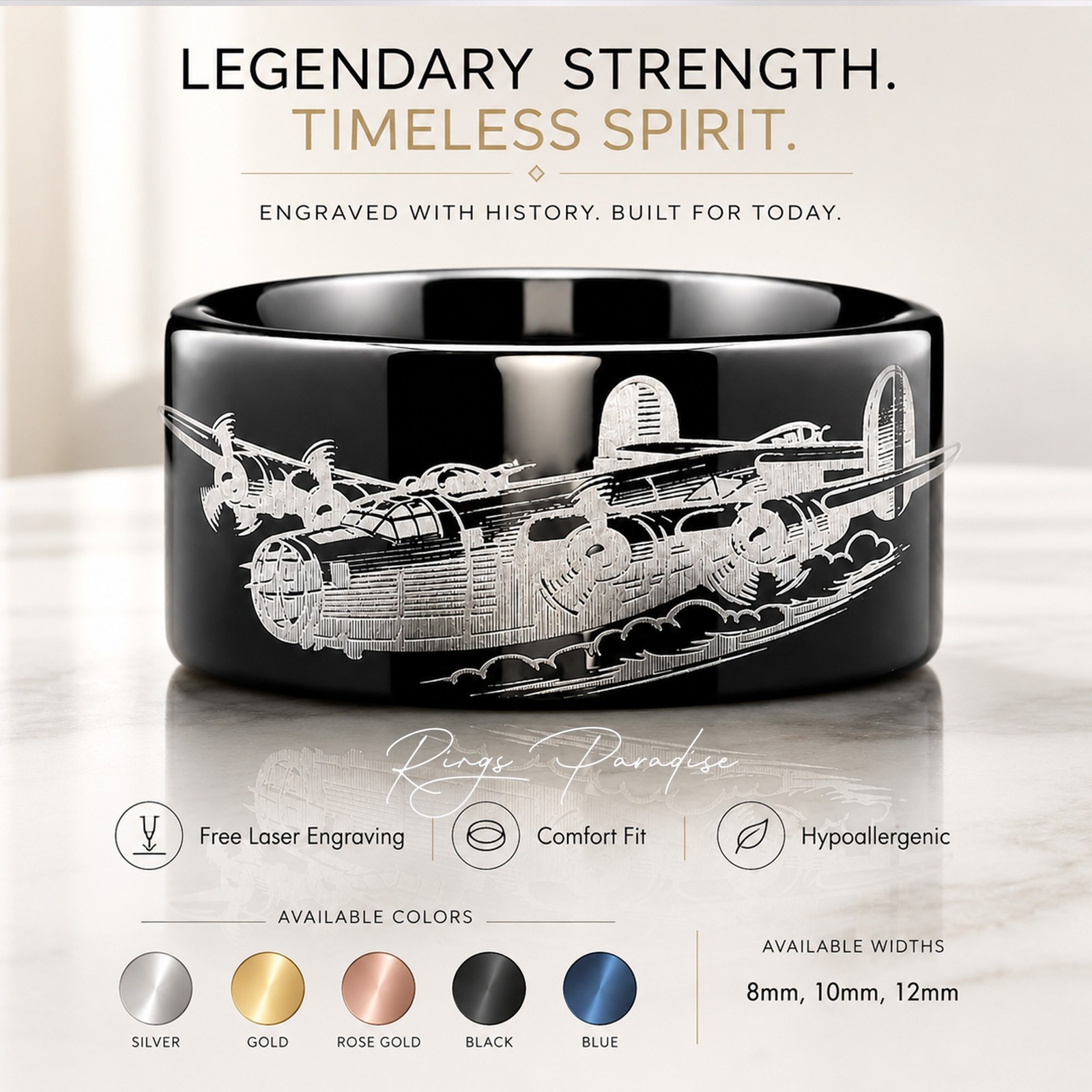 B-24 Airplane Tungsten Wedding Band with WWII Aviation Engraving – 8mm 10mm 12mm