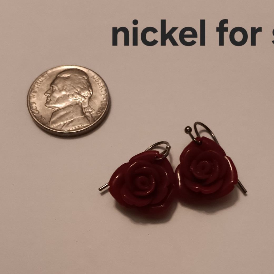Red Rose Flower Dangle Drop Hook Earrings, Plastic, No Stone