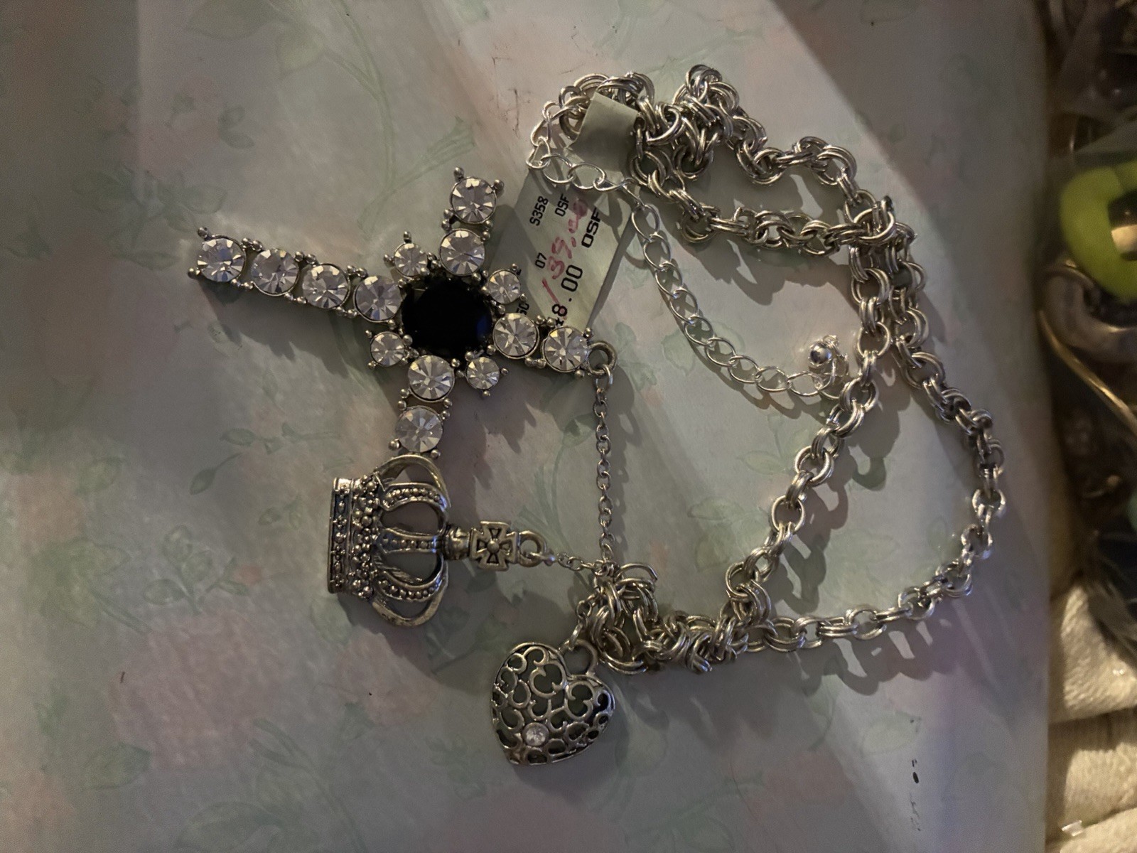 Silver Tone Adjustable Necklace, Rhinestone Cross Crown Heart, Black Crystal
