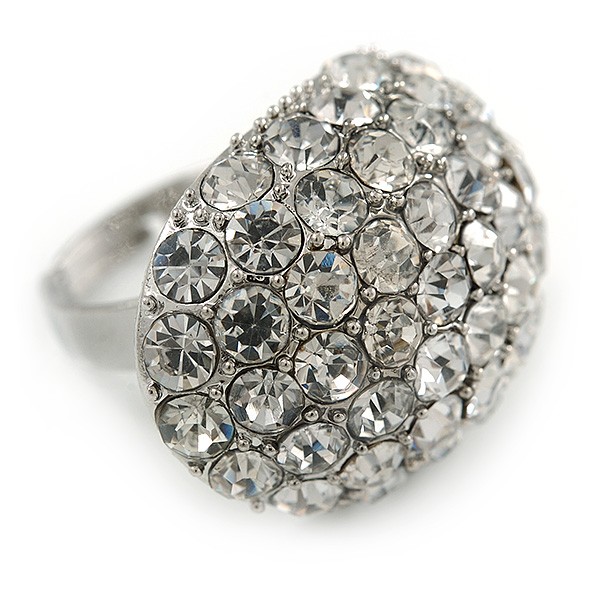 Pave Set Clear Crystal Dome Shape Ring In Silver Tone Metal – 30mm – 7/8 Size –