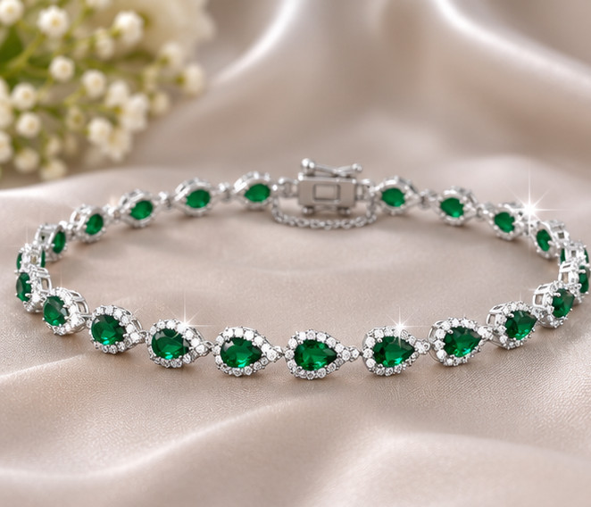 6.00Ct Pear Simulated Emerald Engagement Tennis Bracelet 14K White Gold Plated