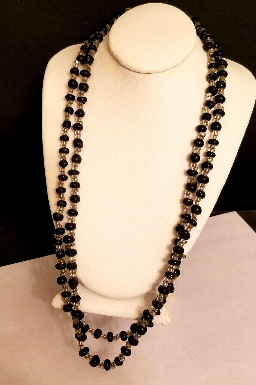 FREE SHIP 2 Stunning Black + Clear Glass Bead Necklace Strand String