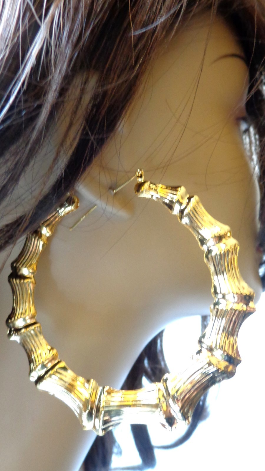 BIG BAMBOO HOOP EARRINGS FULL HOOP EARRINGS GOLD OR SILVER TONE 3.5 INCH HOOPS