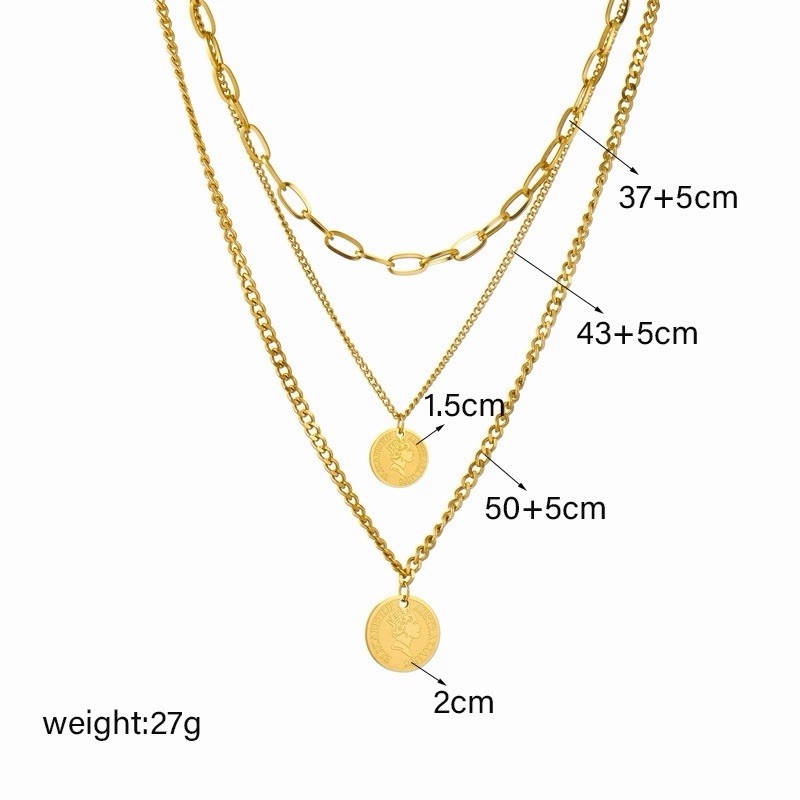Gold Tone 3 Layer Cable Chain Coin Pendant Necklace Adjustable Lobster 37-50cm