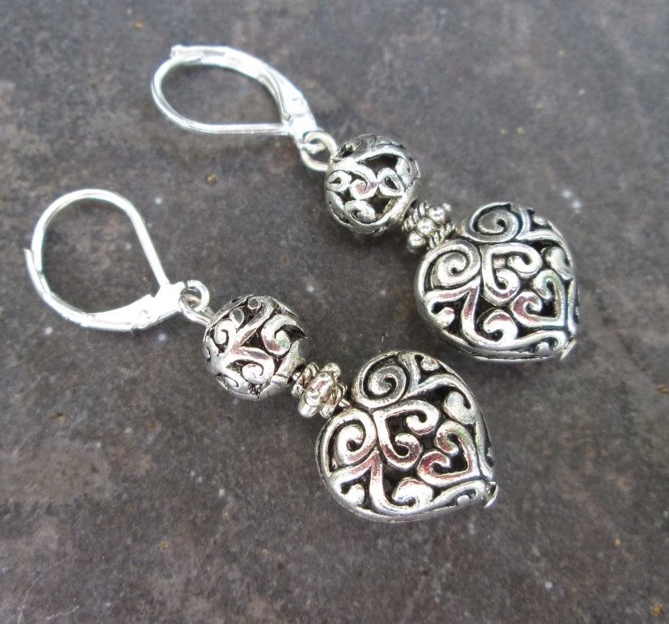 Silver Filigree Puffed Heart Earrings with Sterling Silver Leverbacks
