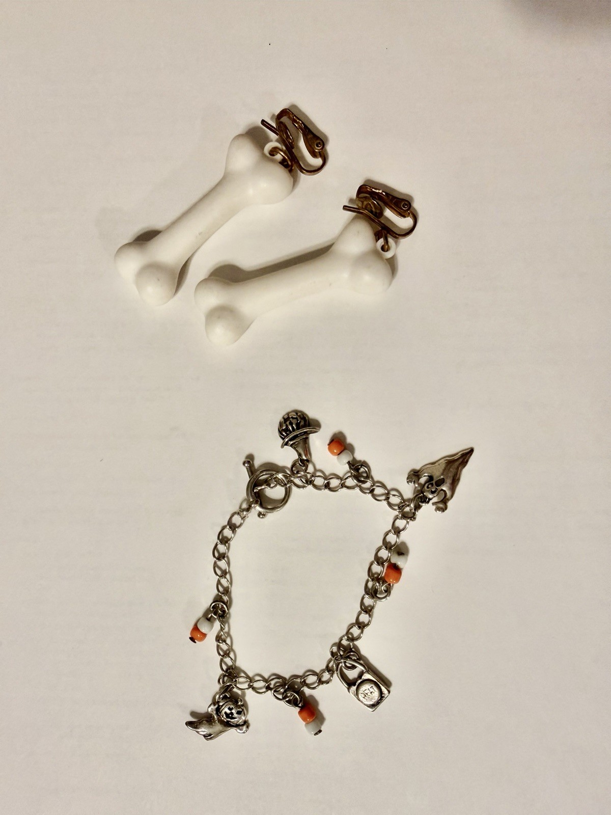 Vintage White Bone Skeleton Clip-On Dangle Drop Earrings & Halloween Bracelet
