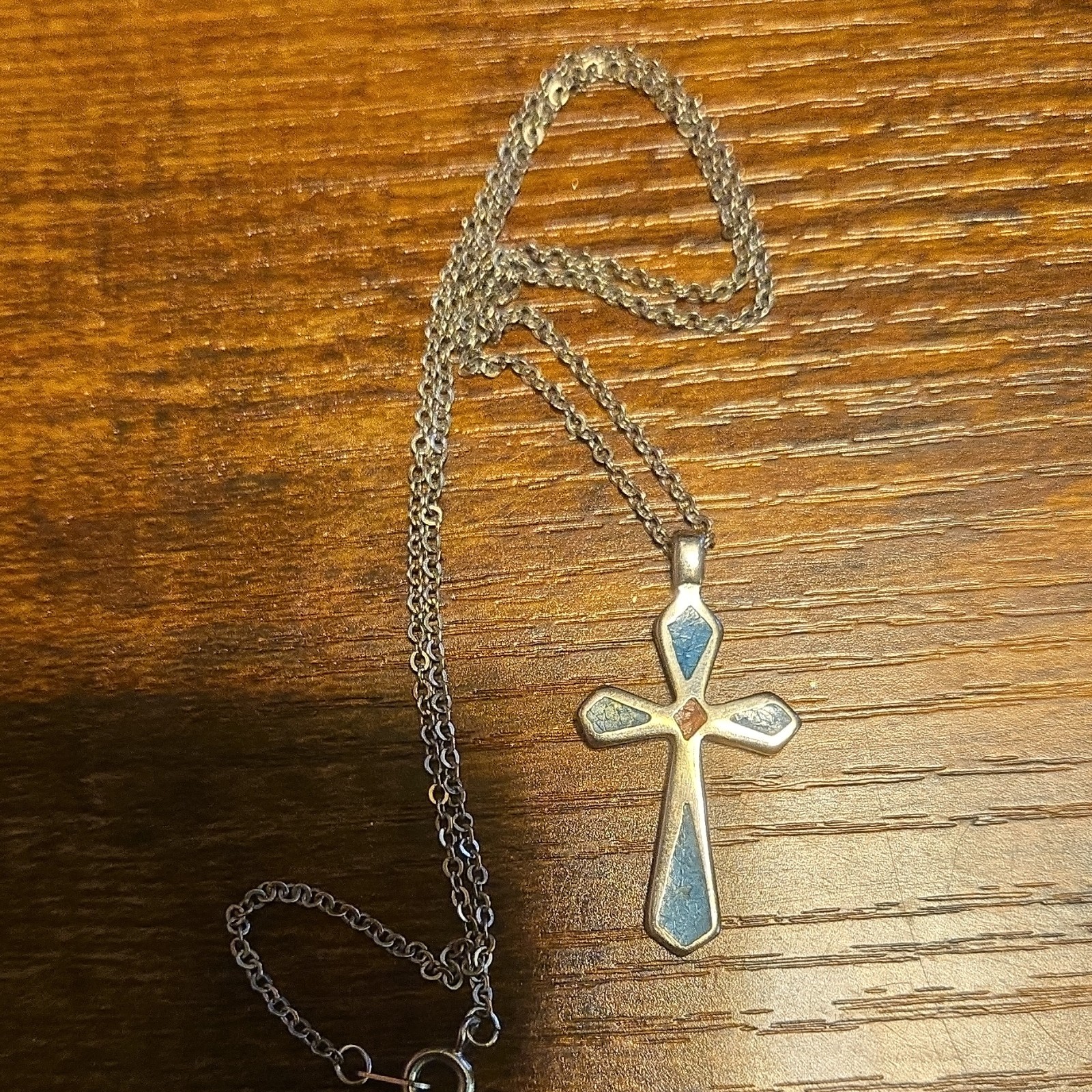 Silver and Turquoise w/ Chain Cross Pendant Necklace – Blue Inlay, 5 Gemstones