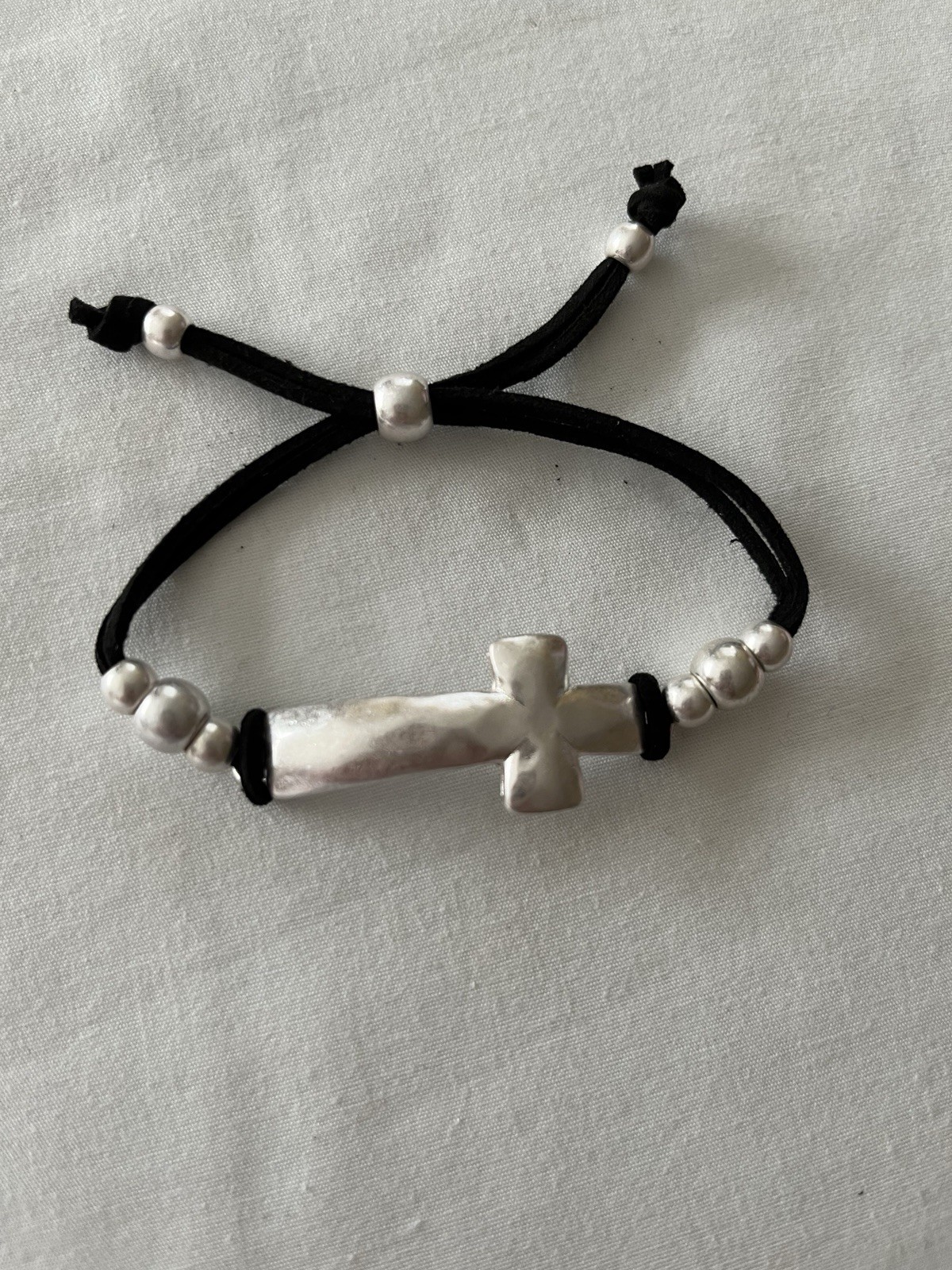 Adjustable BlackCord Beaded Bracelet w/ Cross Charm, Slide