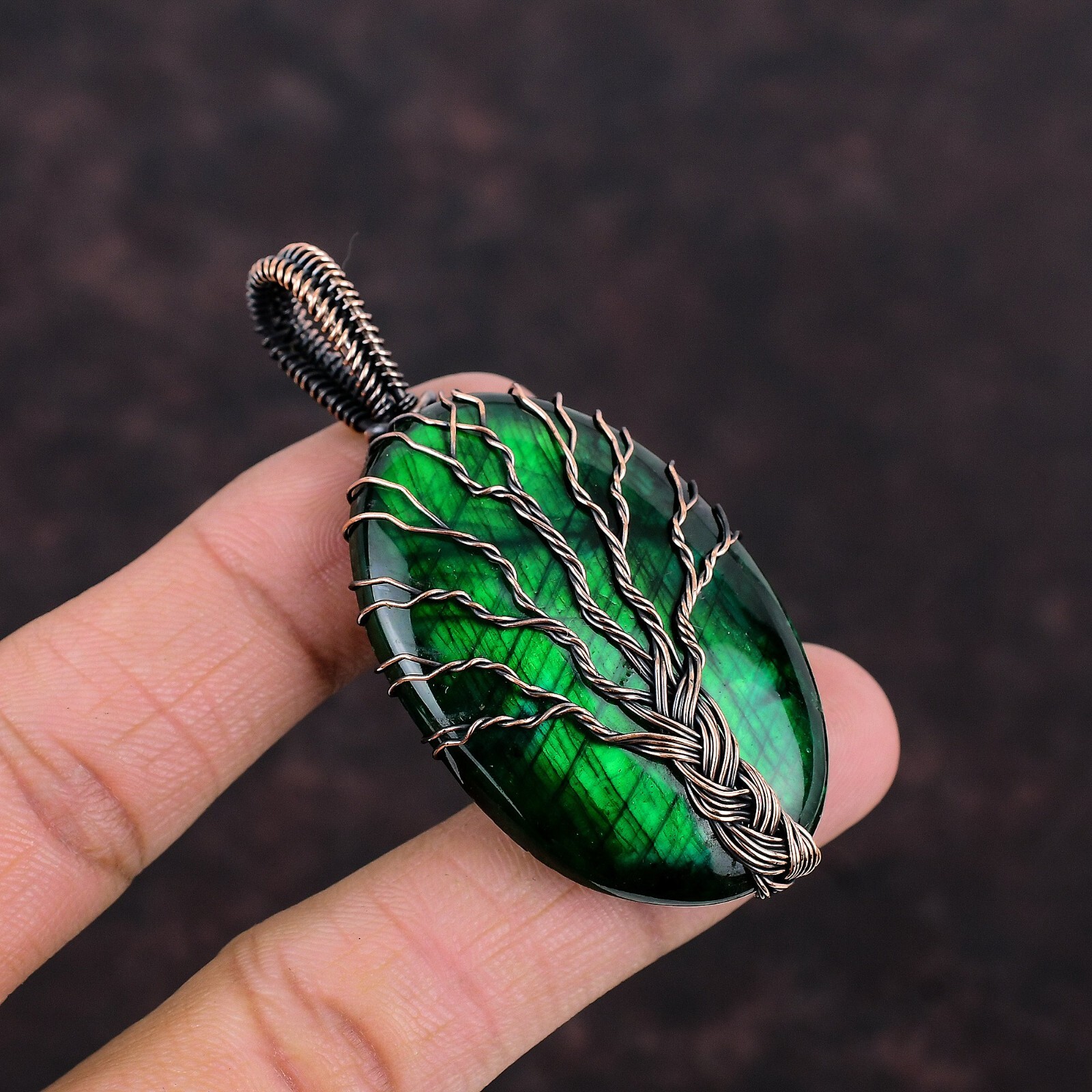 Green Fire Labradorite Copper Love Gift Wire Wrapped Tree Of Life Pendant 2.68″