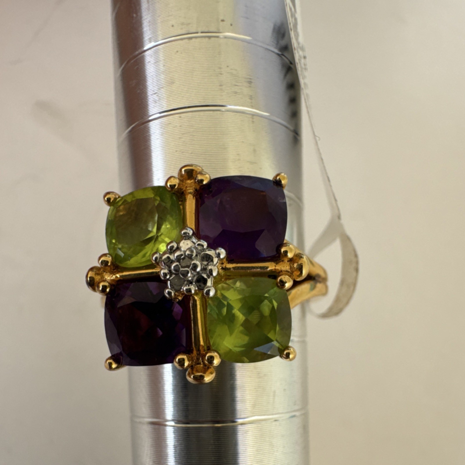 Gold Tone Metal Square Green & Purple Stone Cocktail Ring Prong Setting Size 7