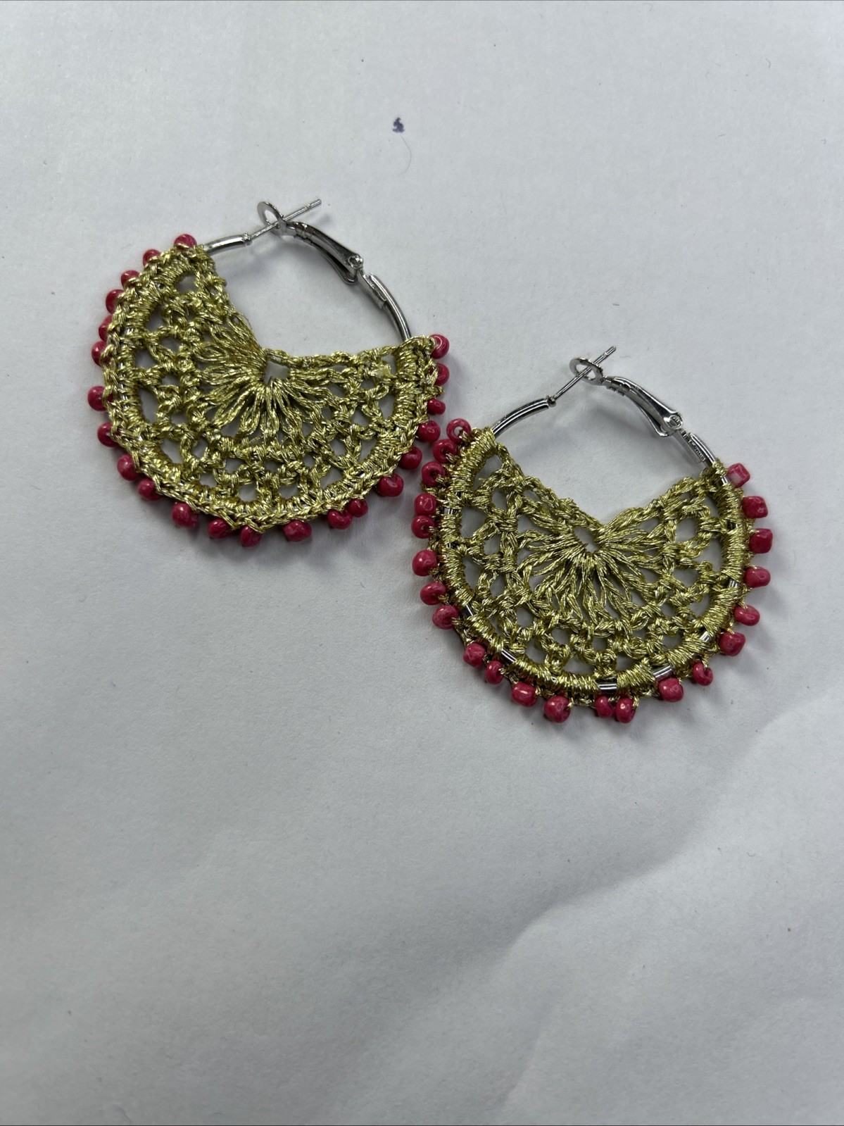 Crochet Handcraft Gold and Pink Beaded Earring Dangle Drop Earrings Gift UK New