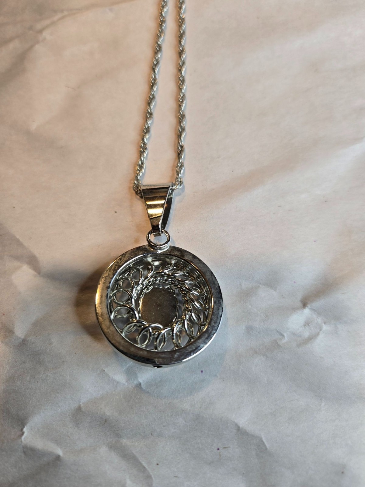 Silver-Tone Chain Necklace With Circular Pendant Featuring Blue Oval Stone & Int