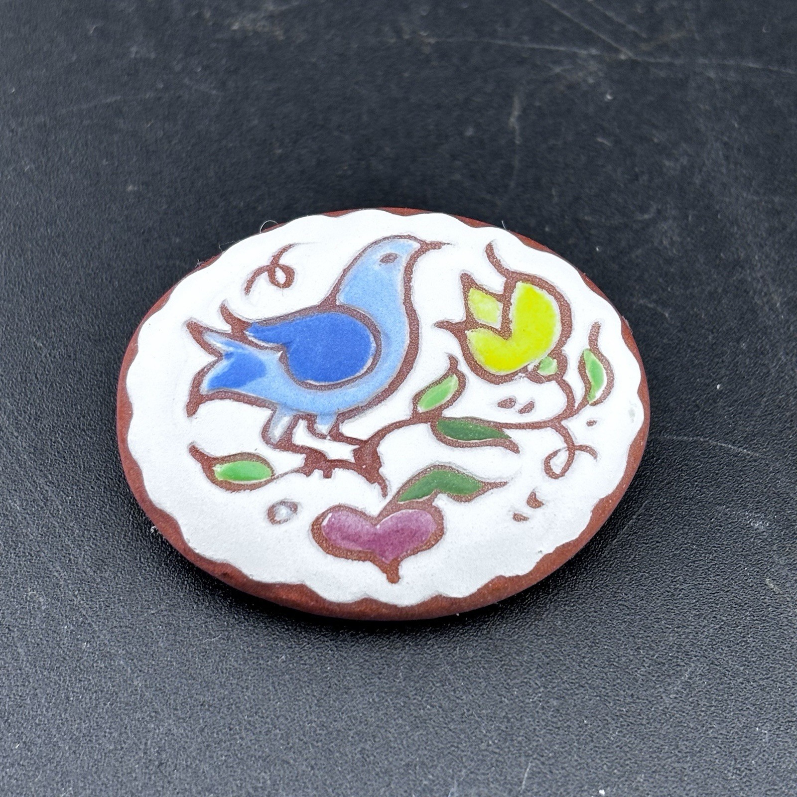 VTG Folk Art Redware Pottery Bird & Flower Brooch Pin Approx 1.5” Signed Dated