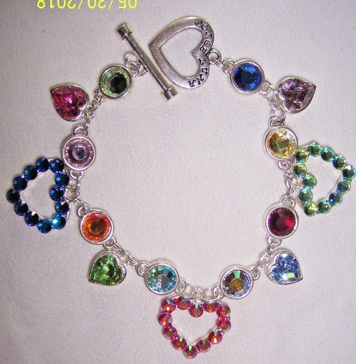 DOLCE LUNA IMPORTED MULTICOLOR SWAROVSKI CRYSTAL HEART CHARMS BRACELET NEW
