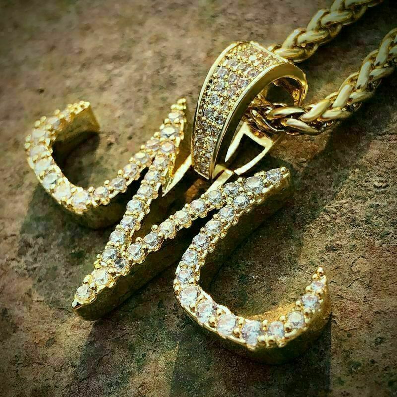 2.60 Ct Round Cut Simulated Diamond Majin M Charm Pendant 14k Yellow Gold Over