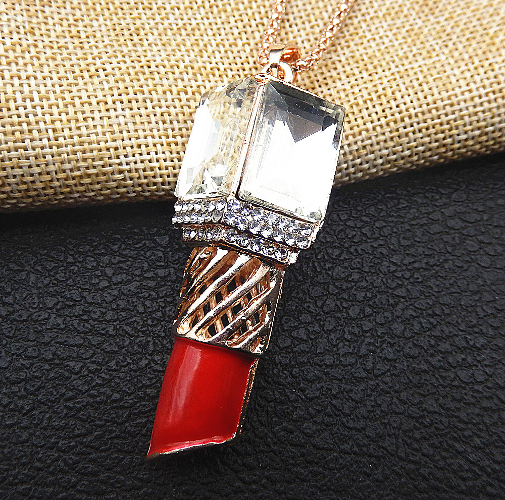 White Glass Rhinestone Red Enamel Lipstick Pendant Long Necklace