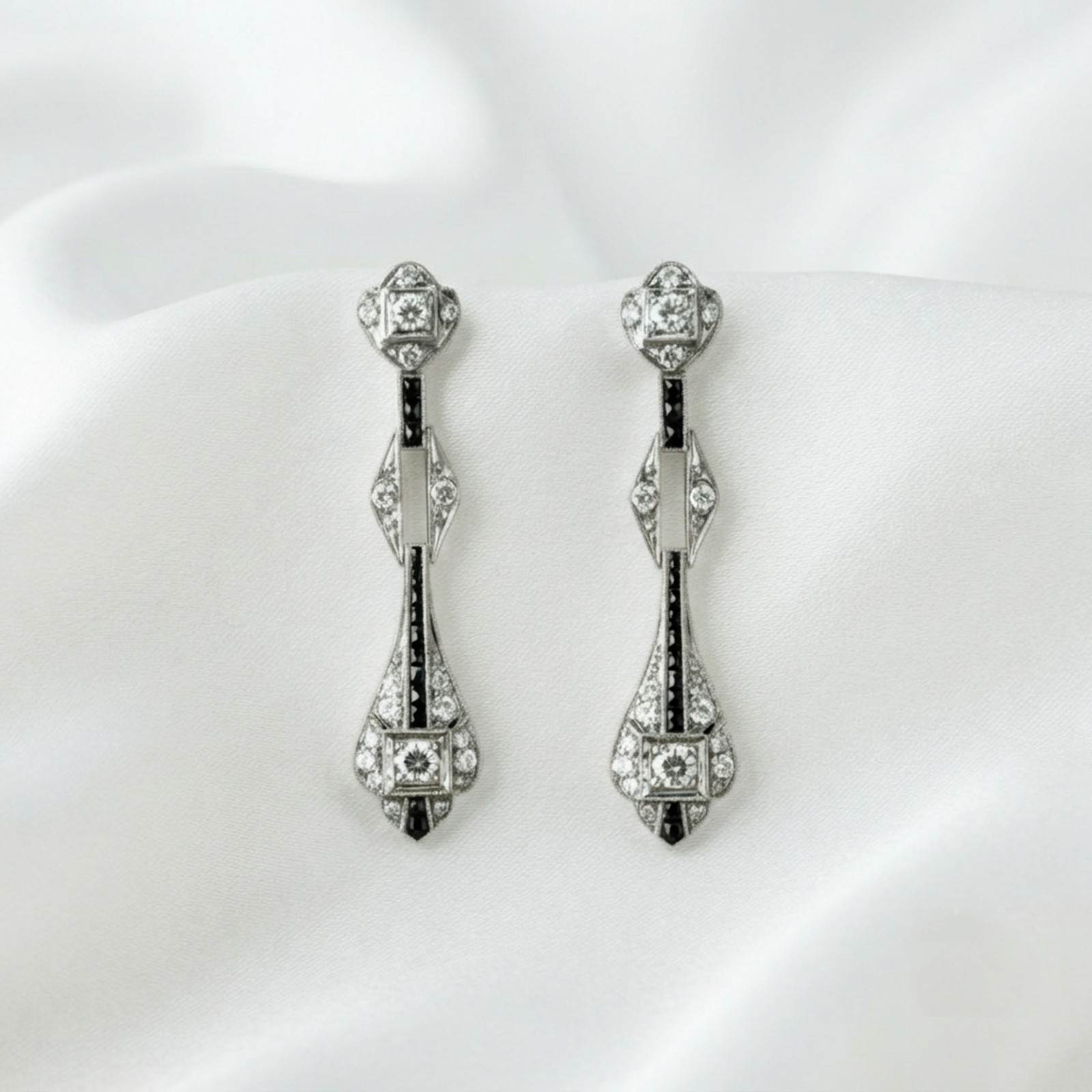 Black Baguette & Round Simulated Diamond 14K Gold Art Deco Dangle Drop Earrings